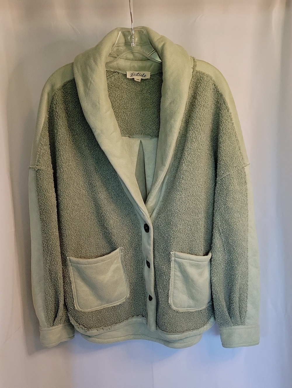Listicle Women's Sage Green Sherpa Coatigan with Patch Pockets